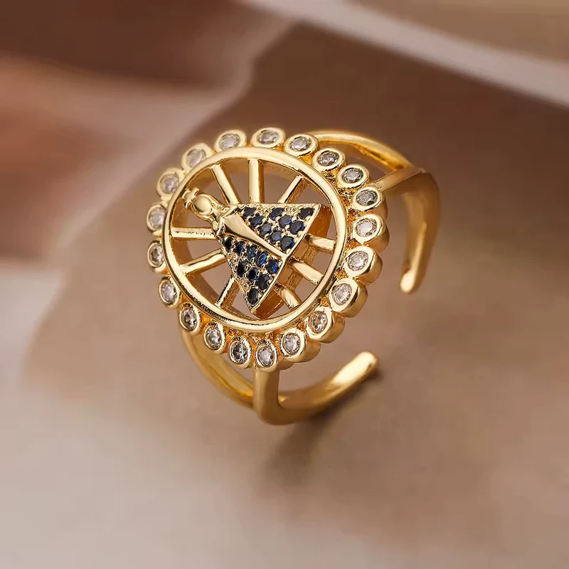 Anel Nossa Senhora Aparecida Ajustável Ouro 14k – Anel Religioso Feminino com Zircônias