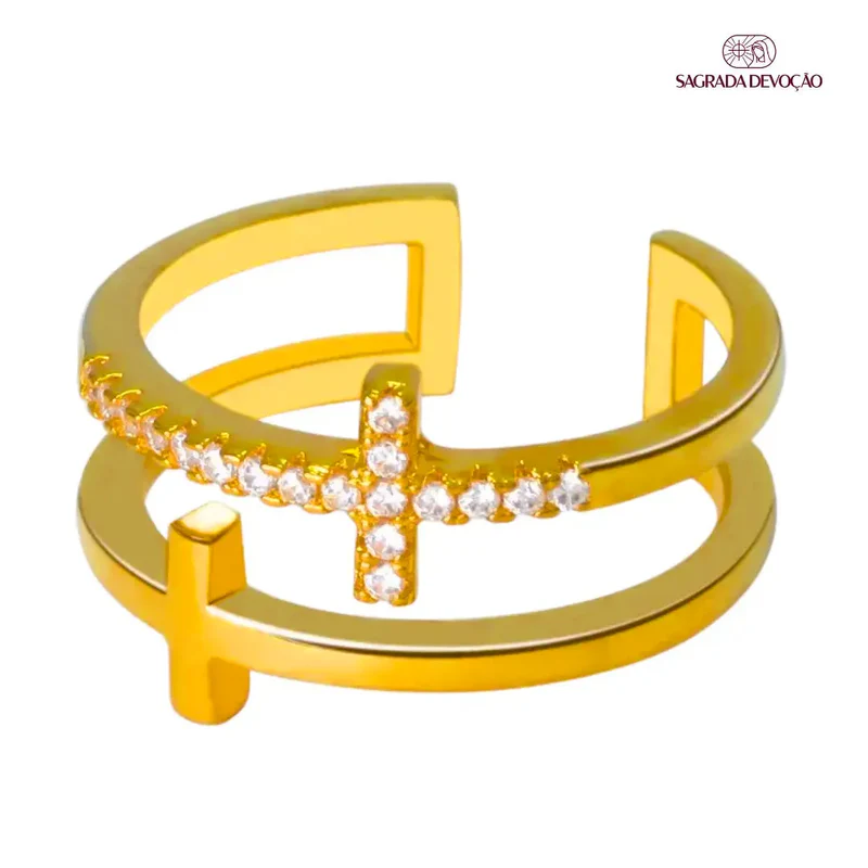 Anel Cruz Dupla Ouro ou Prata Ajustável – Anel Religioso Feminino com Zircônias Anel Cruz Dupla Ouro ou Prata Ajustável – Anel Religioso Feminino com Zircônias Anel Cruz Dupla Ouro ou Prata Ajustável – Anel Religioso Feminino com Zircônias Anel Cruz Dupla
